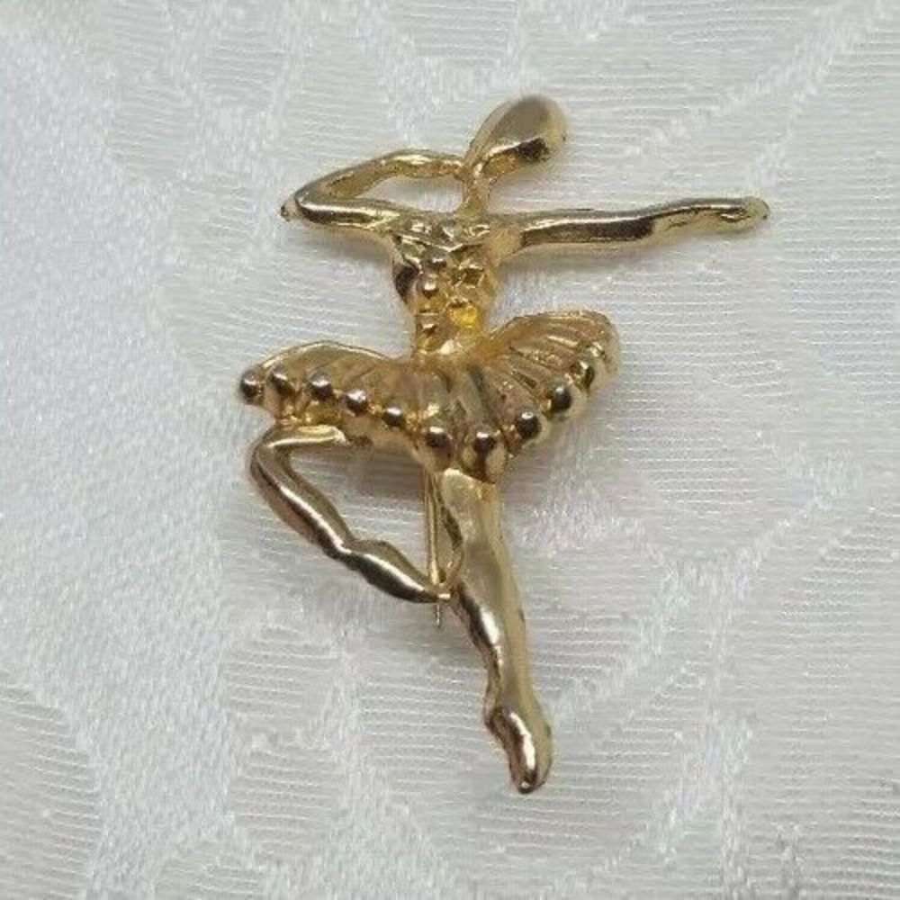 Ballerina Pin Vintage Gold Tone Brooch C Catch Ballet Dancer Toe Bended Knee - Picture 2 of 11